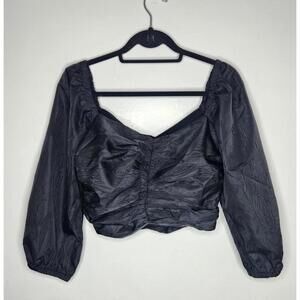 J.Crew Blouse Womens 8 Black Jacquard Puff Sleeve Ruched Sweetheart Crop Top